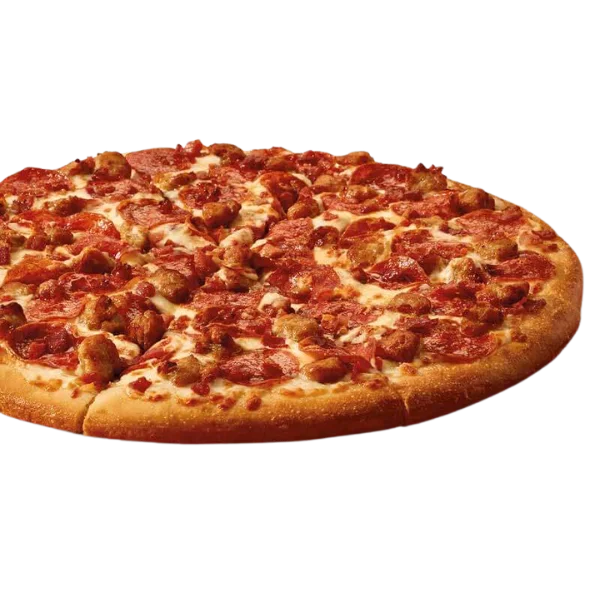 Large round pizza topped with pepperoni, Italian sausage, and bacon.

