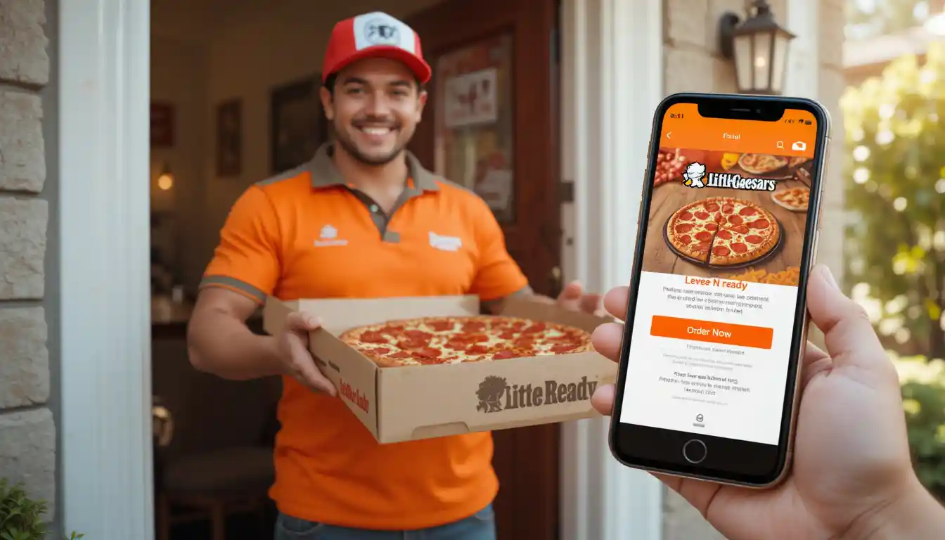 Little Caesars App – Order, Track & Unlock Exclusive Deals 1 Little Caesars app interface on smartphone with options to order pizza, view deals, and track delivery.