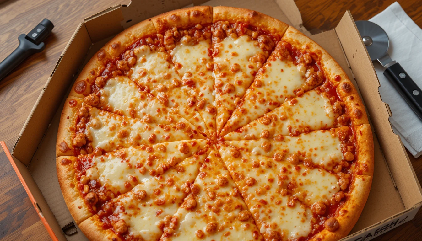 "Little Caesars Classic Cheese Pizza with golden crust, melted mozzarella, and tomato sauce in branded pizza box