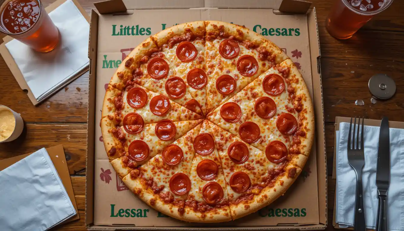 Little Caesars Classic Pepperoni Pizza Price & Slices 2025 1 Little Caesars Classic Pepperoni Pizza with golden crust, melted mozzarella cheese, tomato sauce, and crispy pepperoni slices in branded box