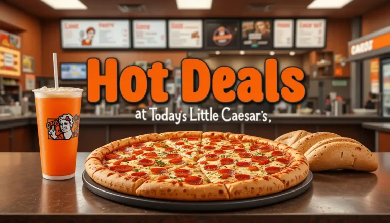 Fresh pizza, Crazy Bread, and a drink on a table inside a Little Caesars restaurant, highlighting current Little Caesars deals with a warm, inviting dine-in background.