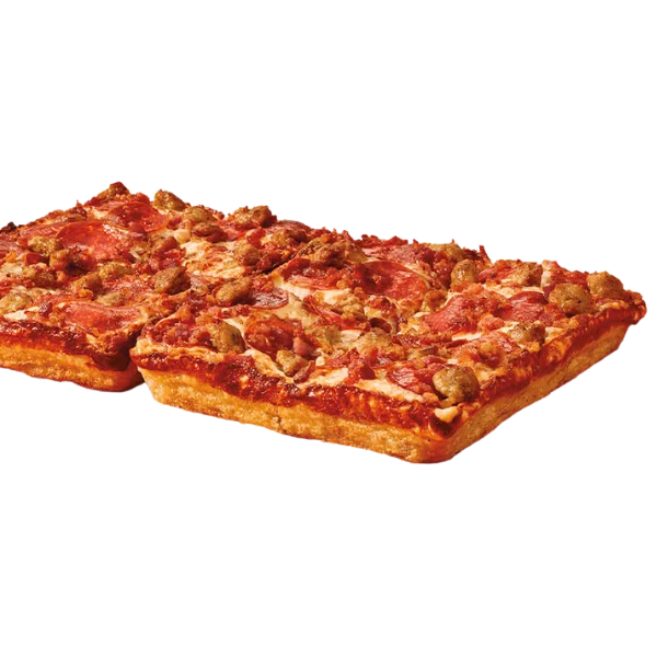 Hearty deep dish pizza loaded with pepperoni, Italian sausage, and bacon atop a thick, crispy crust.