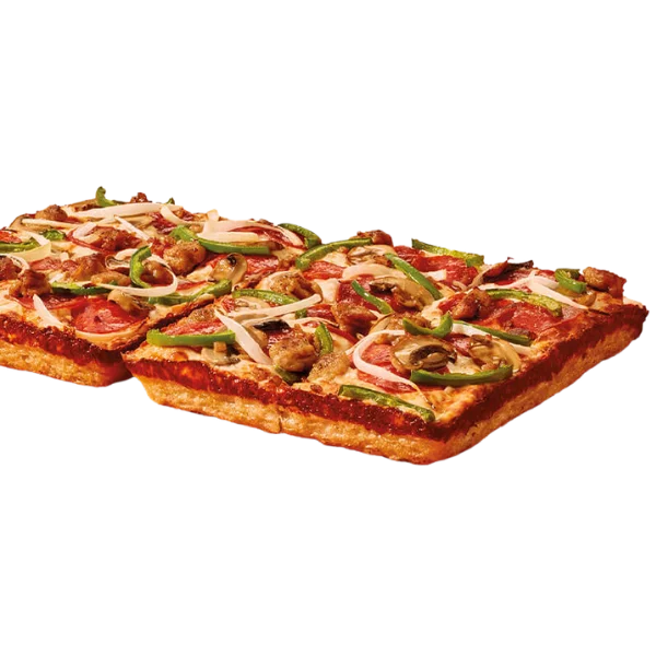 Loaded deep dish pizza with pepperoni, Italian sausage, mushrooms, green peppers, and onions on a thick, crispy crust.