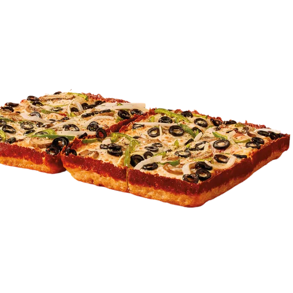 olorful medley of mushrooms, green peppers, onions, and black olives atop a cheesy deep dish crust.