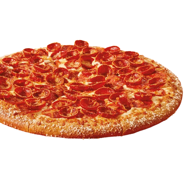 Large round pizza with mozzarella cheese, pepperoni, old world pepperoni, and toasted Parmesan & Asiago cheese, finished with garlic Parmesan seasoning.