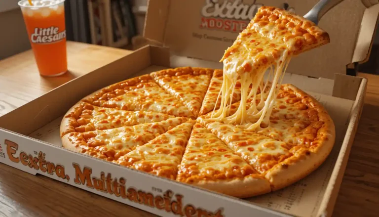 Little Caesars ExtraMostBestest Cheese Pizza with extra mozzarella in branded box.