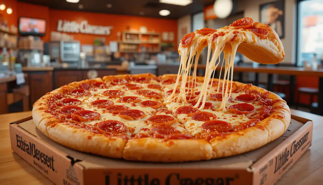 Little Caesars ExtraMostBestest Pepperoni Pizza with extra cheese and pepperoni in branded box