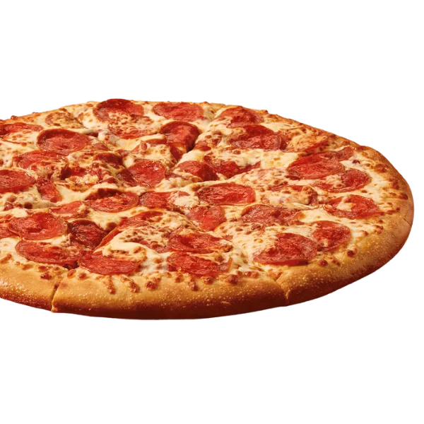 Large round pizza with extra cheese and pepperoni slices.