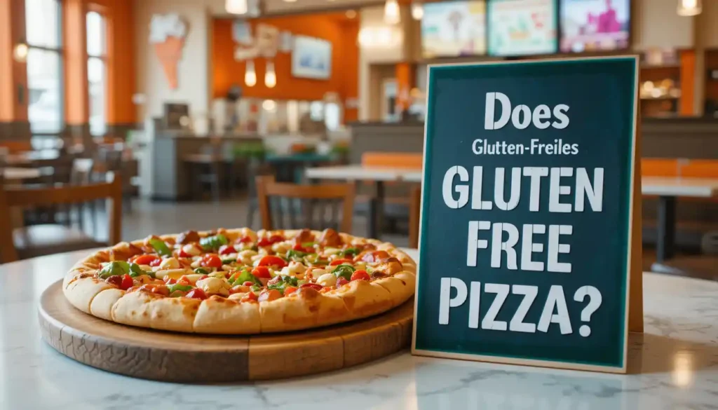 Little Caesars Gluten Free Pizza with gluten-free label and brand logo in Little Caesars restaurant setting