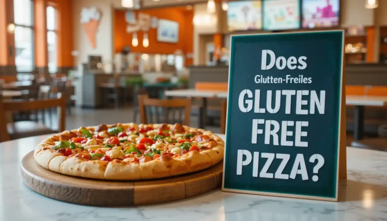 Little Caesars Gluten Free Pizza with gluten-free label and brand logo in Little Caesars restaurant setting