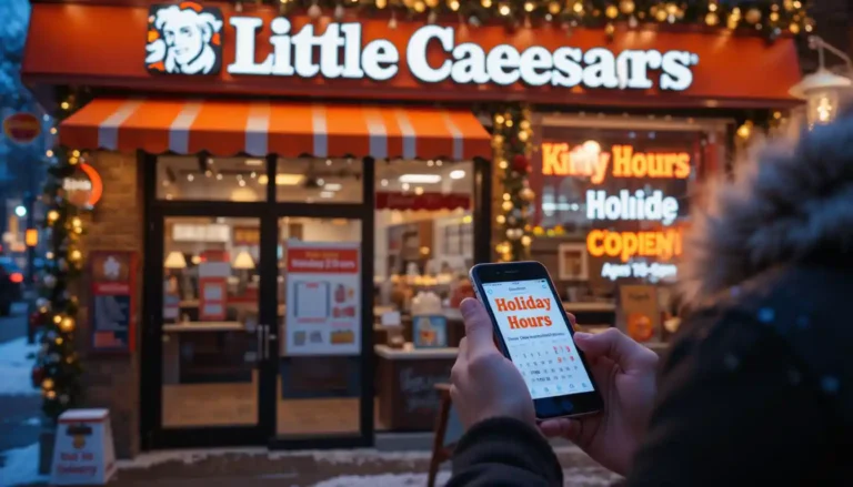 Little Caesars holiday hours displayed with festive decor, store sign, and customer checking hours on mobile app.