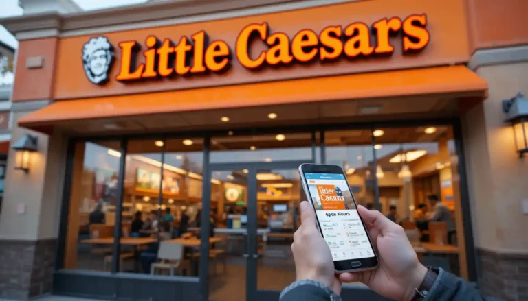 Little Caesars hours shown on storefront sign and mobile app with logo visible and customer checking opening times.