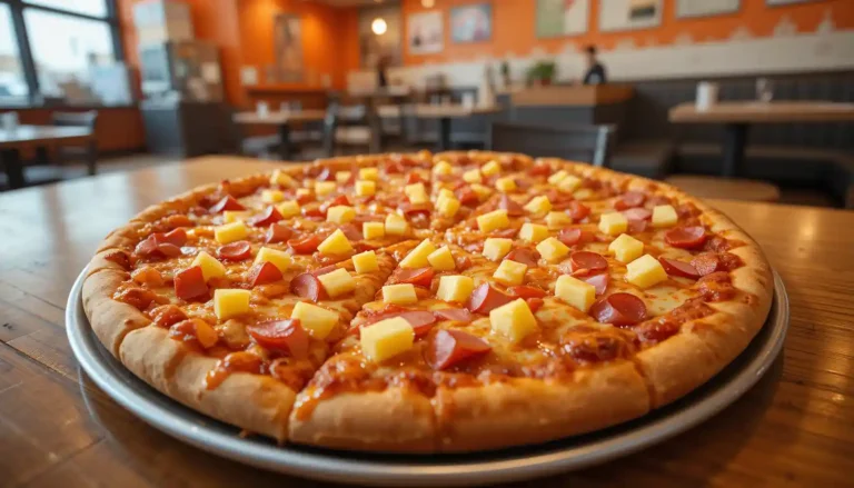 little caesars hula hawaiian pizza with ham and pineapple served in little caesars restaurant with brand logo behind