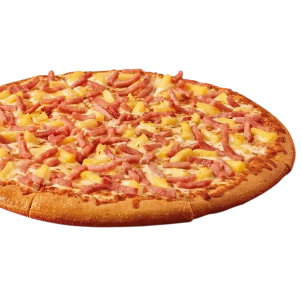 Large round pizza with ham and pineapple toppings.