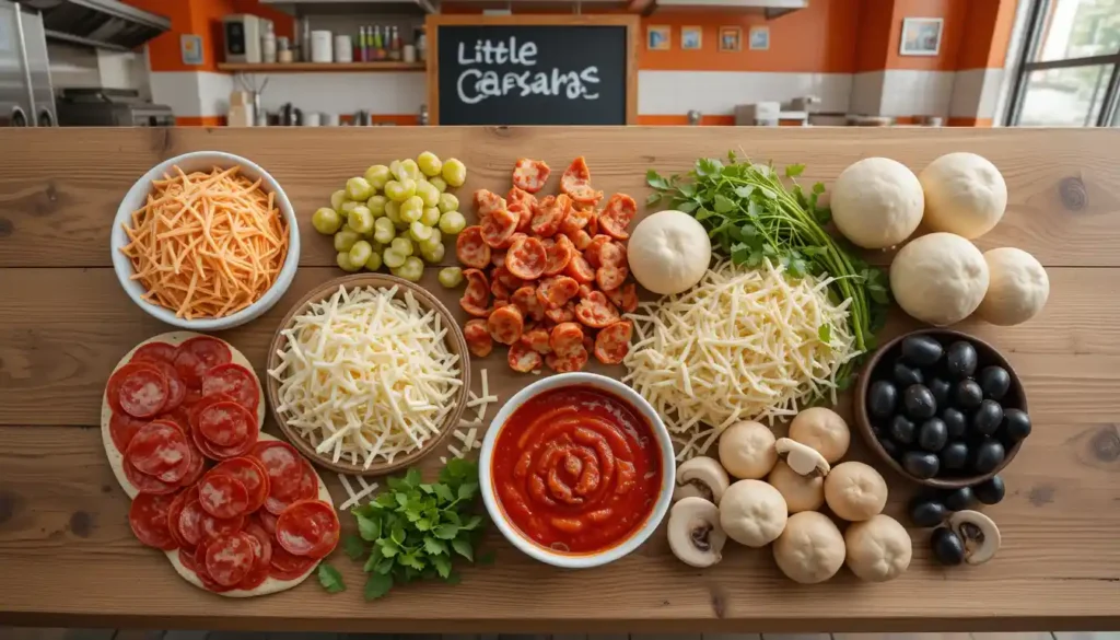 little caesars ingredients on prep table with cheese, sauce, vegetables and little caesars logo in background