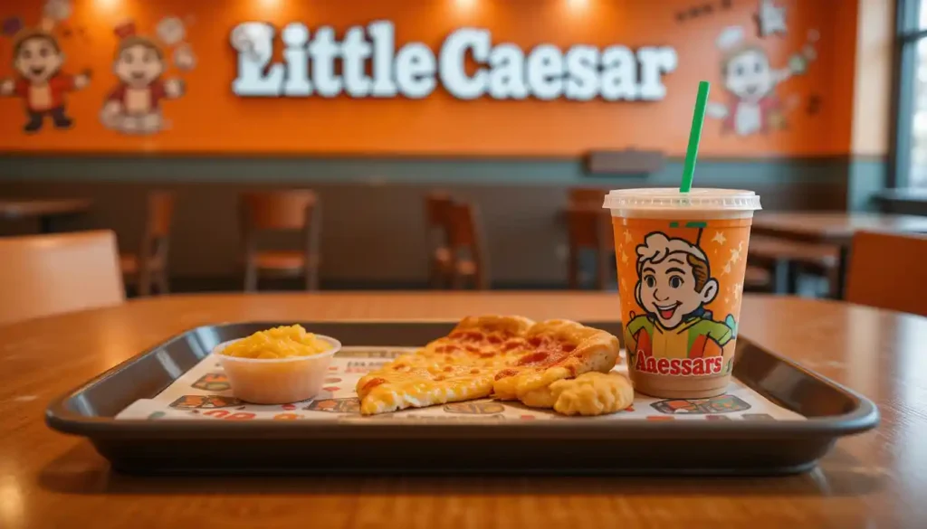 Little Caesars Kids Menu meal with pizza and drink served in Little Caesars restaurant with logo in background