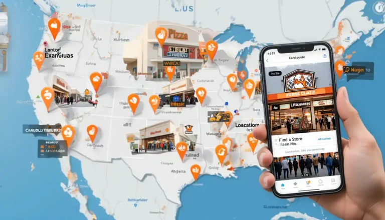 Little Caesars locations shown on a map with store finder pins and a customer using a smartphone to search nearby stores.