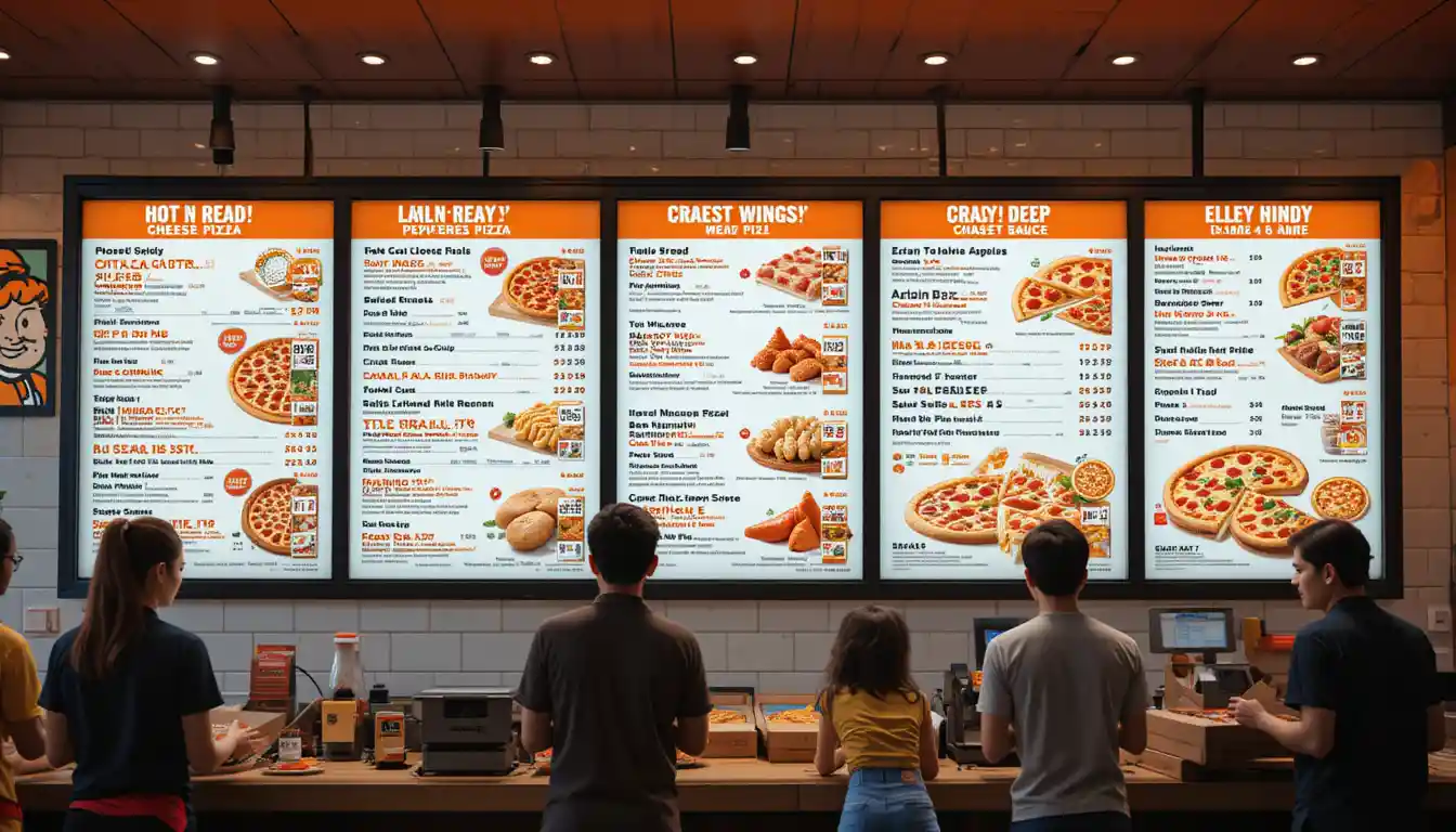 Little Caesars Pizza menu featuring Hot-N-Ready pizza, Crazy Bread, Deep! Deep! Dish, and wings with prices in a modern restaurant.