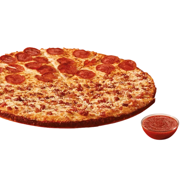 Four slices of pepperoni pizza combined with eight Italian cheese sticks topped with jalapeños and bacon, plus Crazy Sauce