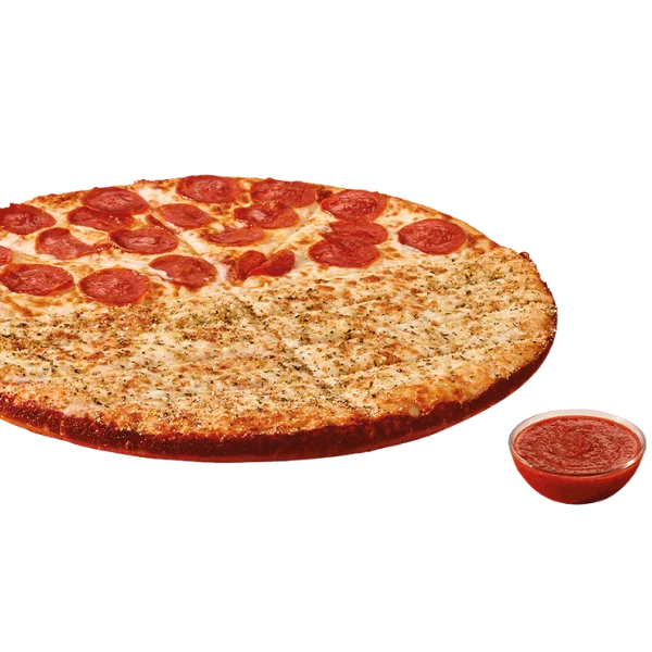Four slices of pepperoni pizza combined with eight Italian cheese sticks, plus Crazy Sauce