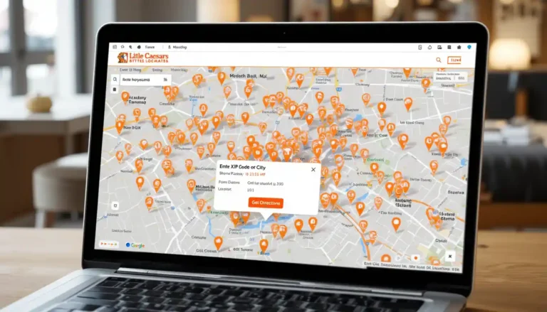 Little Caesars Store Locator showing map pins, search bar, and nearby store addresses with hours and directions.