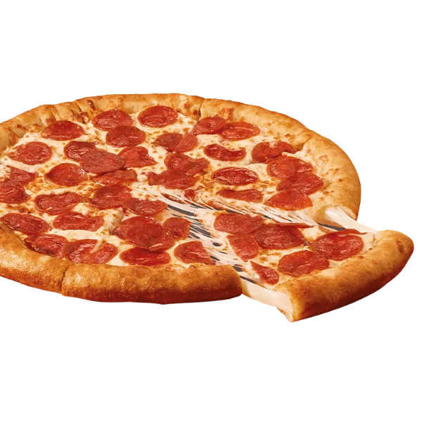 Large round pizza with pepperoni and cheese-stuffed crust.