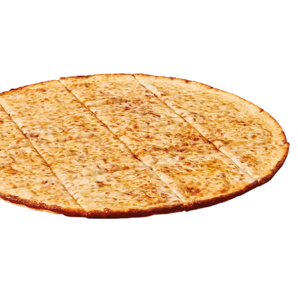 Large thin crust cheese pizza with golden crispy edges and melted mozzarella cheese.