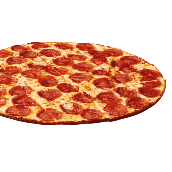 Large thin crust pepperoni pizza topped with crispy pepperoni and gooey melted cheese on a golden-brown crust.