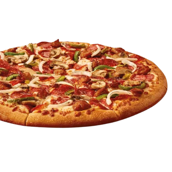 Large round pizza with pepperoni, Italian sausage, mushrooms, green peppers, and onions.