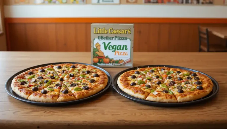 Little Caesars Vegan Pizza with vegan label and logo in Little Caesars restaurant background