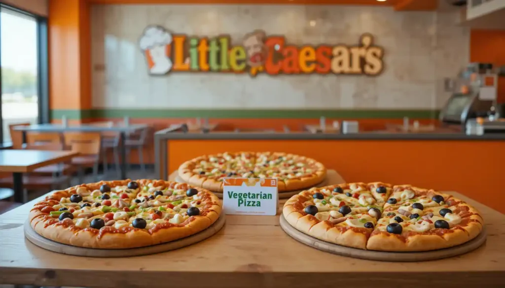 little caesars vegetarian pizza served with vegetarian label in little caesars restaurant with brand logo