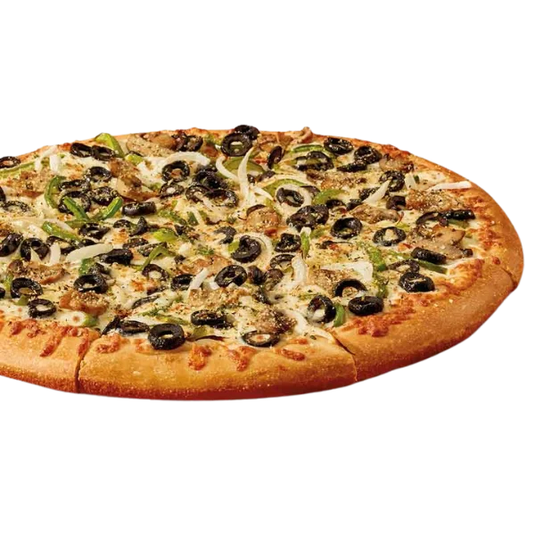 Large round pizza with mushrooms, green peppers, onions, and black olives.