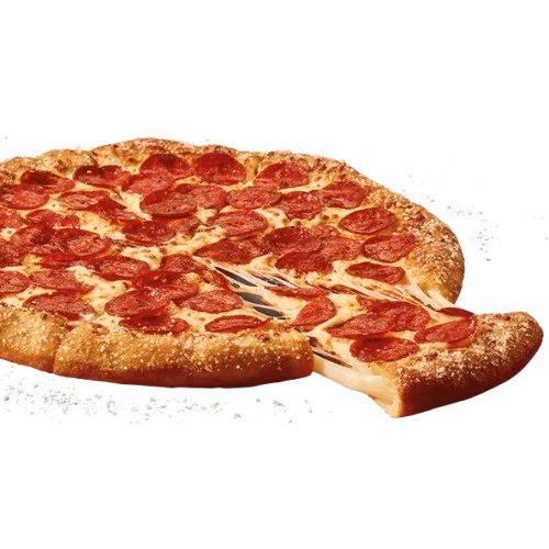 Large round pepperoni pizza with a stuffed crust brushed with buttery garlic spread and sprinkled with Parmesan.