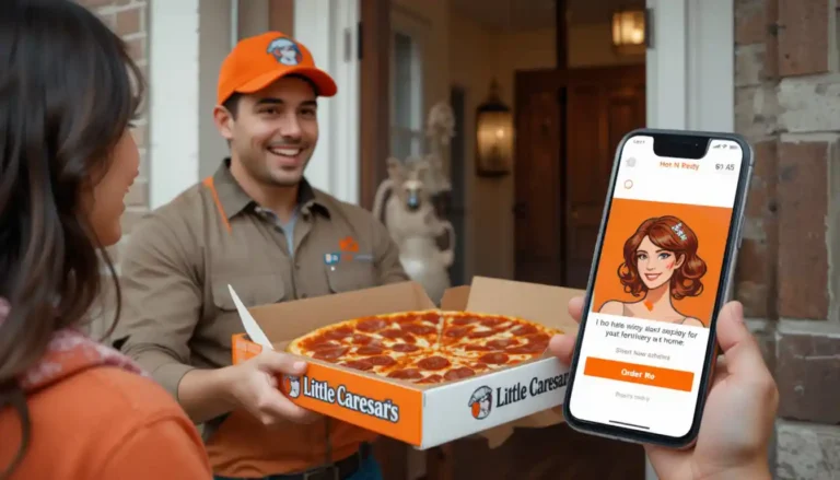 Pizza Little Caesars delivery with driver handing pizza box to customer and online order shown on smartphone.
