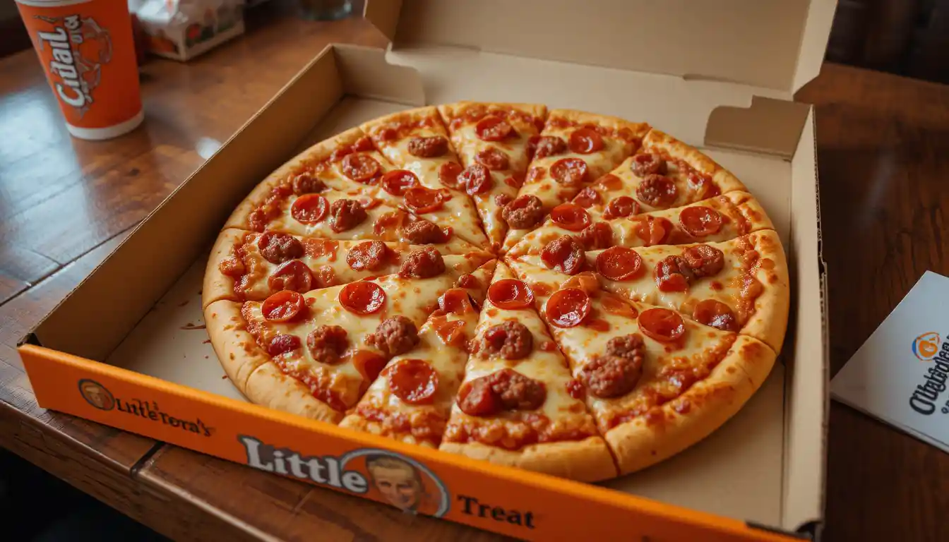 Little Caesars 3 Meat Treat Pizza Price, Calories & Deals 1 little caesars 3 meat treat pizza in branded orange box with logo, topped with pepperoni, sausage, and bacon