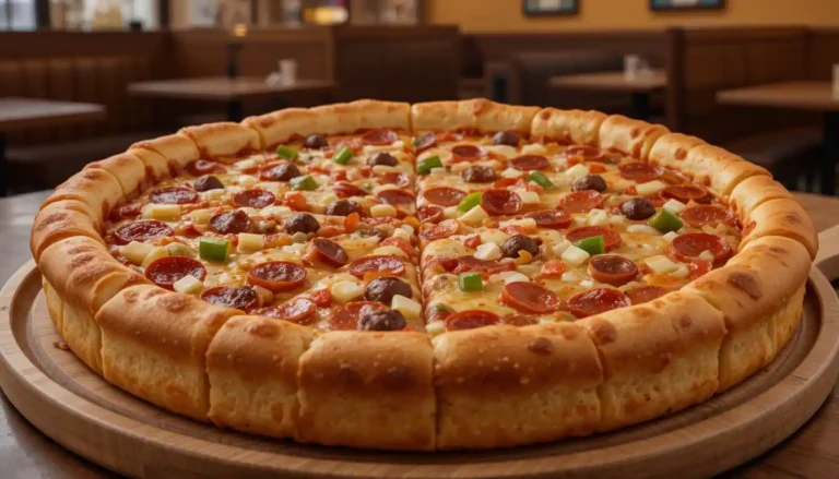 Freshly baked little caesars detroit-style deep dish ultimate supreme pizza served on a wooden tray inside a cozy restaurant setting.