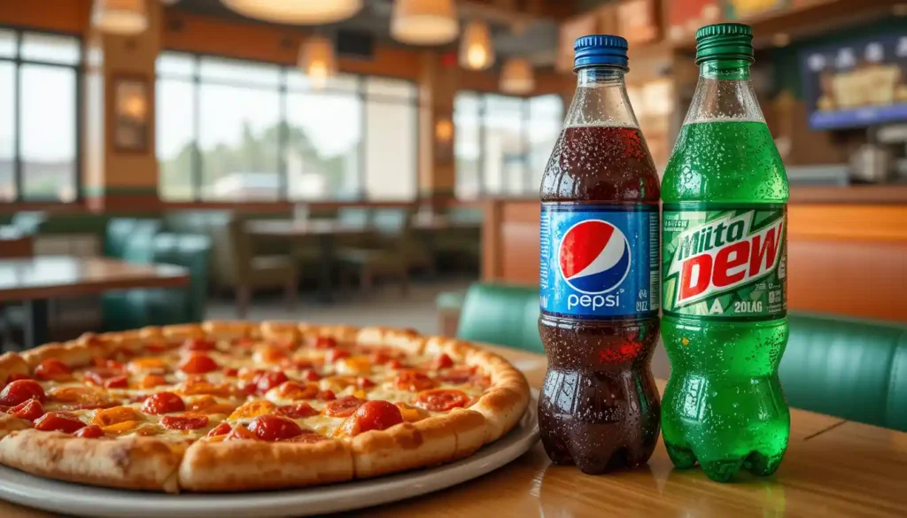 Assorted Little Caesars 20 oz Pepsi Products including Pepsi, Diet Pepsi, and Mountain Dew, served chilled beside fresh pizza in a restaurant setting.