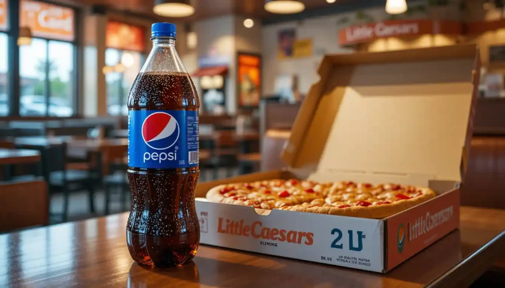 Cold Little Caesars 2L Pepsi Products bottle placed beside a hot pizza inside a restaurant, creating a perfect dine-in combo experience.
