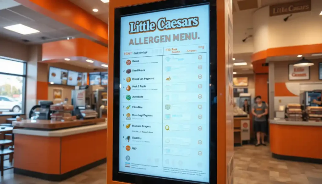 little caesars allergen menu displayed on kiosk screen with brand logo in restaurant