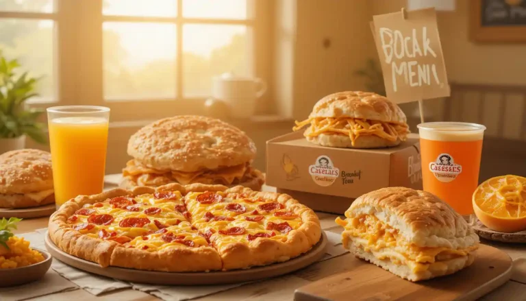 "Little Caesars Breakfast Menu featuring breakfast pizza, biscuit sandwiches, and coffee in branded packaging with visible Little Caesars logo"
