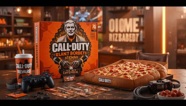 "Little Caesars Call of Duty promotion with pizza, Crazy Bread, and in-game reward packaging on gaming setup with visible logos