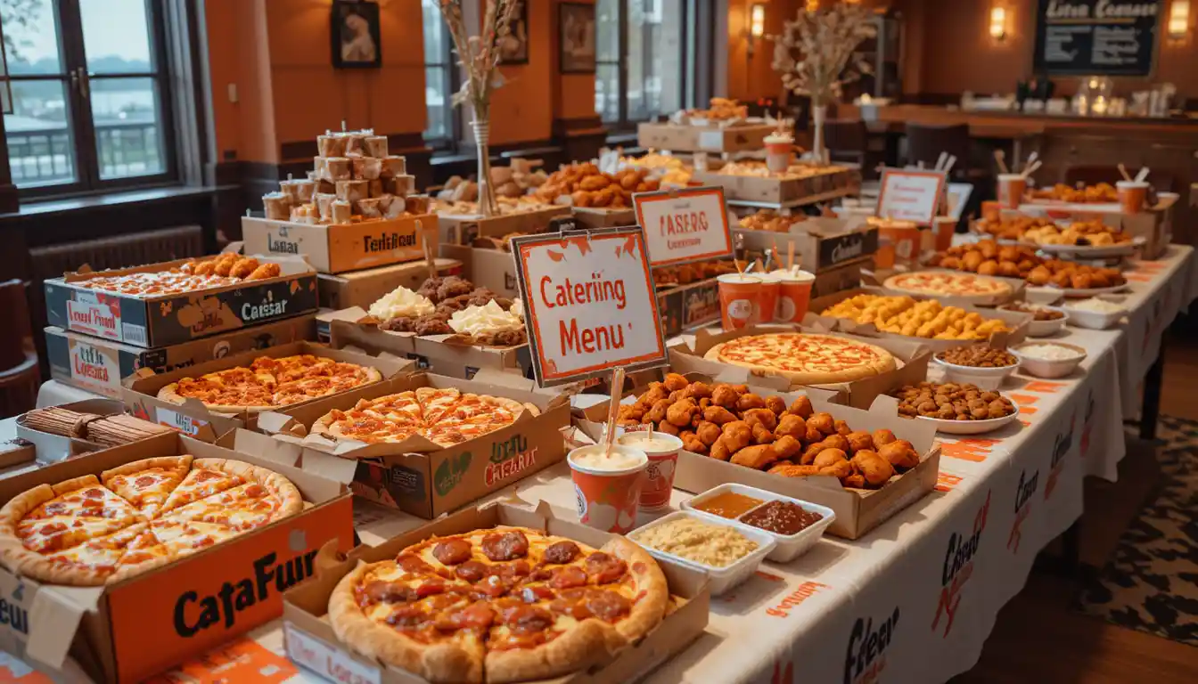 Little Caesars Catering Menu 2025 | Packages & Prices 1 "Little Caesars Catering Menu with large pizza boxes, Crazy Bread, wings, and drinks arranged buffet-style with visible Little Caesars logo