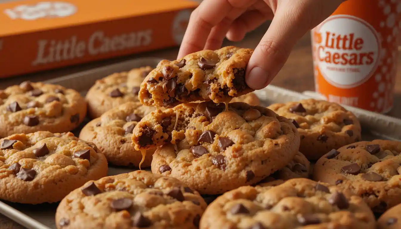 Little Caesars Cookies 2025 | Flavors, Prices & Calories 1 "Little Caesars cookies with melted chocolate chips served warm in branded packaging with visible Little Caesars logo"