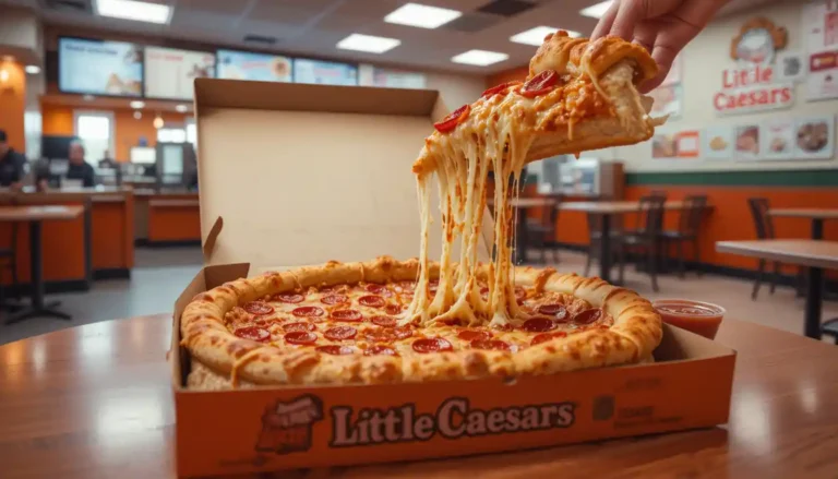 Little Caesars Deep Dish Pizza with crispy pepperoni and thick golden crust in an open branded box inside the restaurant, with a slice being pulled away and the Little Caesars logo visible in the background.