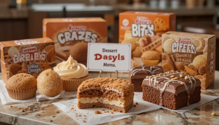 "Little Caesars dessert menu featuring Cinnamon Loaded Crazy Bites and brownies in branded packaging with visible Little Caesars logo"