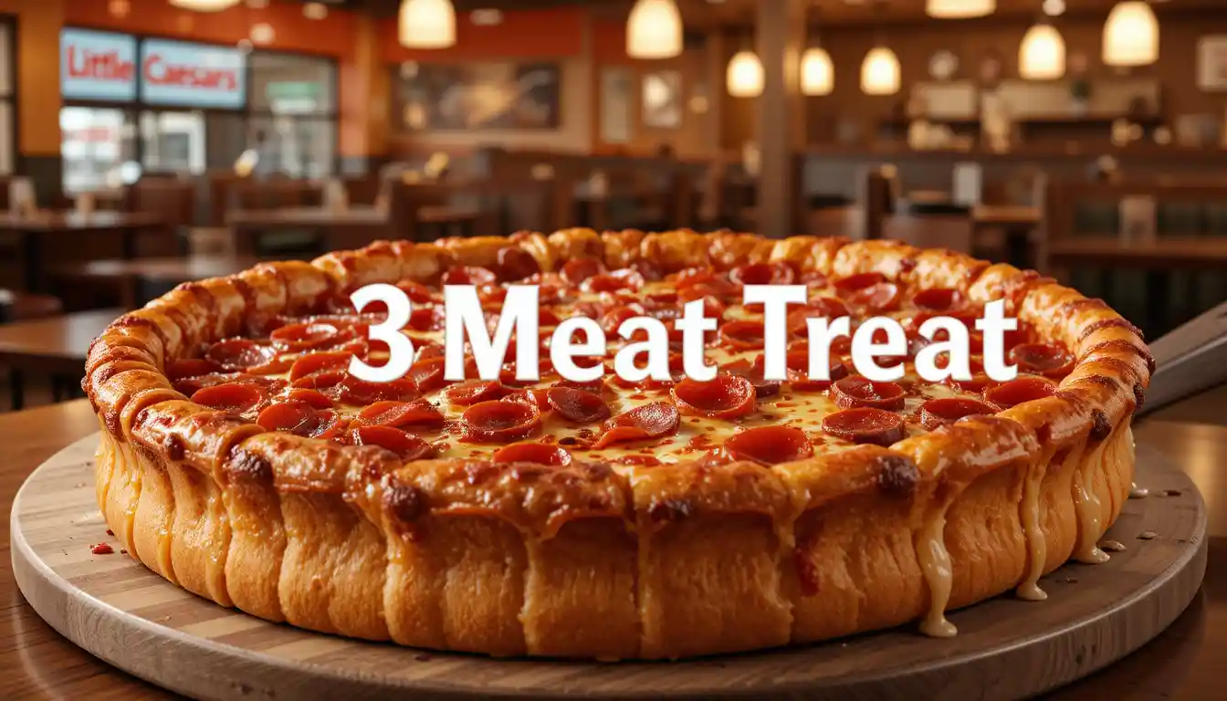 Hot and crispy little caesars Detroit-Style Deep Dish 3 Meat Treat pizza topped with pepperoni, sausage, and bacon, served in a casual restaurant setting.