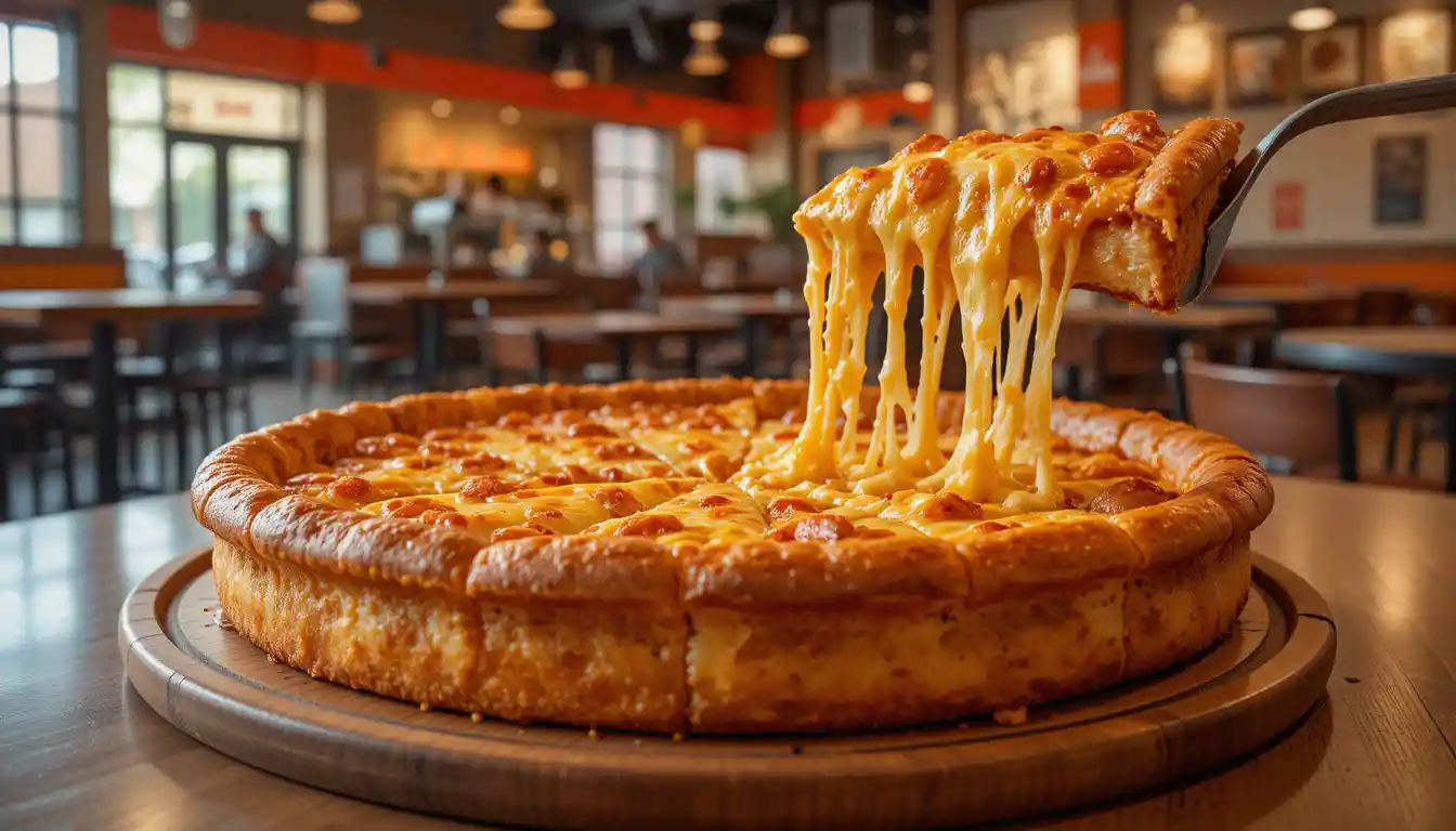 Enjoy the classic taste of Little Caesars Detroit-Style Deep Dish Cheese, featuring a crispy crust, rich tomato sauce, and layers of melted mozzarella.