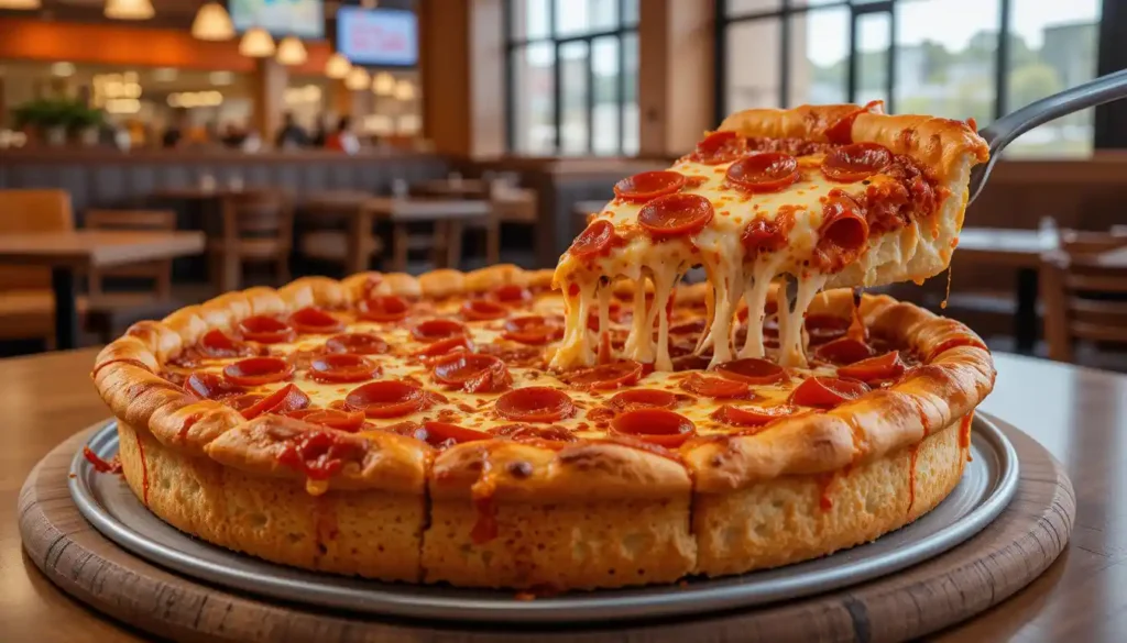 Crispy and cheesy Little Caesars Detroit-Style Deep Dish Pepperoni pizza topped with bold pepperoni slices, served fresh in a restaurant setting.