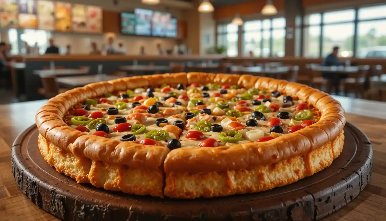 Freshly baked Little Caesars Detroit-Style Deep Dish Veggie pizza topped with colorful vegetables, served in a warm, casual restaurant setting.