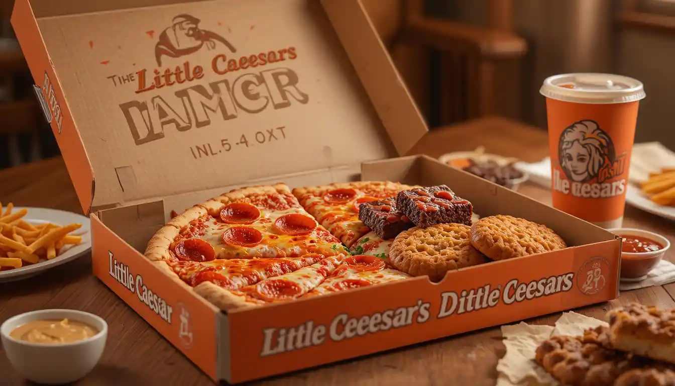 Little Caesars Dinner Box 2025 | What’s Inside & Price 1 "Little Caesars Dinner Box with pizza, Crazy Bread, and dessert in branded packaging with visible Little Caesars logo on box and cup"